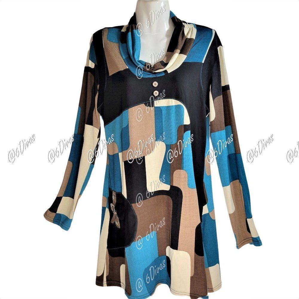 Womens Top Tunic Blouse Geometric Cowl Long Sleeve - Size 40, 42 -NEW
